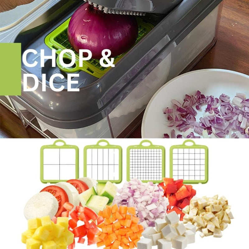 Vegetable Chopper, 16-in-1 Vegetable Dicer with Stainless Steel Chopping Board Top Panel & 4 Storage Drawers Hand Guard Peeler, Grey Green Stainless Steel, for Onion Garlic Salad Prep Home Kitchen
