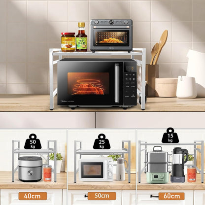 2 Tier Expandable Microwave Oven Rack, Kitchen Microwave Shelf Stand with Hook, Toaster Rack for Countertop Organization, Heavy Duty Pantry Shelf, White