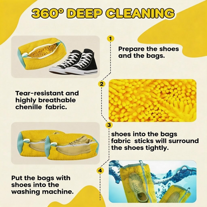 Shoe Washing Machine Bag, 2Pcs Set Reusable Sneaker Laundry Bag with Fluffy Chenille Microfiber 360° Deep Cleaning & Durable Zipper, Yellow/Blue/Grey Soft Mesh, for Sneakers Running Shoes Washer & Dryer