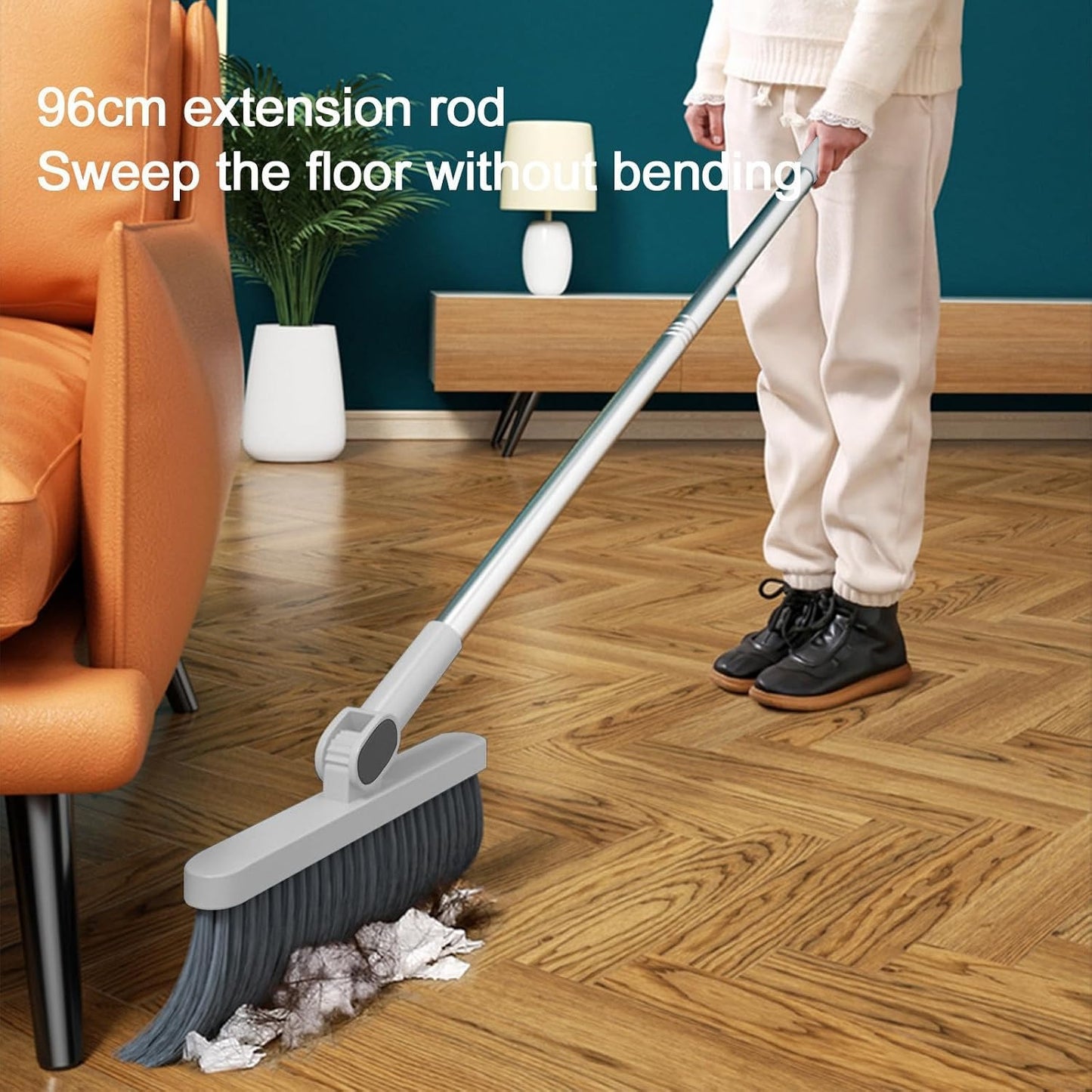 Broom and Dustpan Set, Long Adjustable Handle Broom Dustpan Combo with Dustpan Teeth to Clean Hair Suitable for Home Kitchen Office Hall Floor