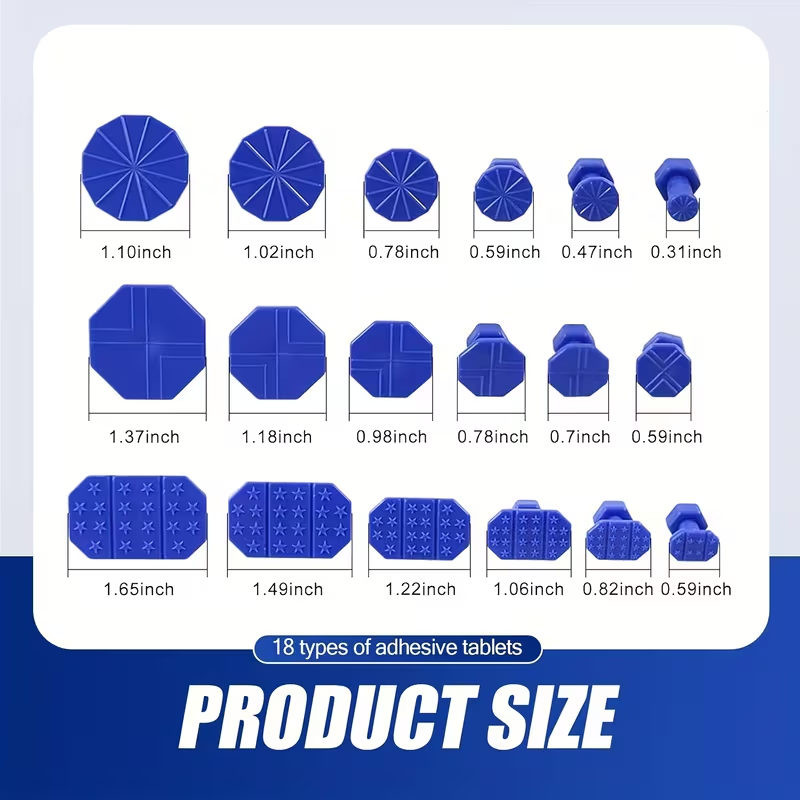 Car Dent Puller Paintless Dent Repair Kit, 18Pcs T-Bar Hand Tool Set with Blue Glue Tabs, Silver Stainless Steel & Blue Plastic, for Auto Body Fender Hail Damage Repair DIY Car Owners