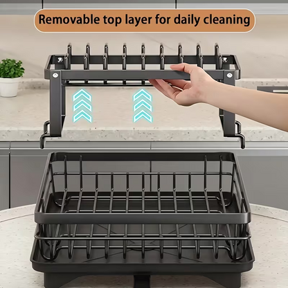 Black Carbon Steel Dish Drying Rack with Drainboard, Kitchen Dish Rack Carbon Steel Kitchen Drying Rack, Dish Racks for Kitchen Counter with Utensil Holder Cup Holders Cutting (Double Layer)