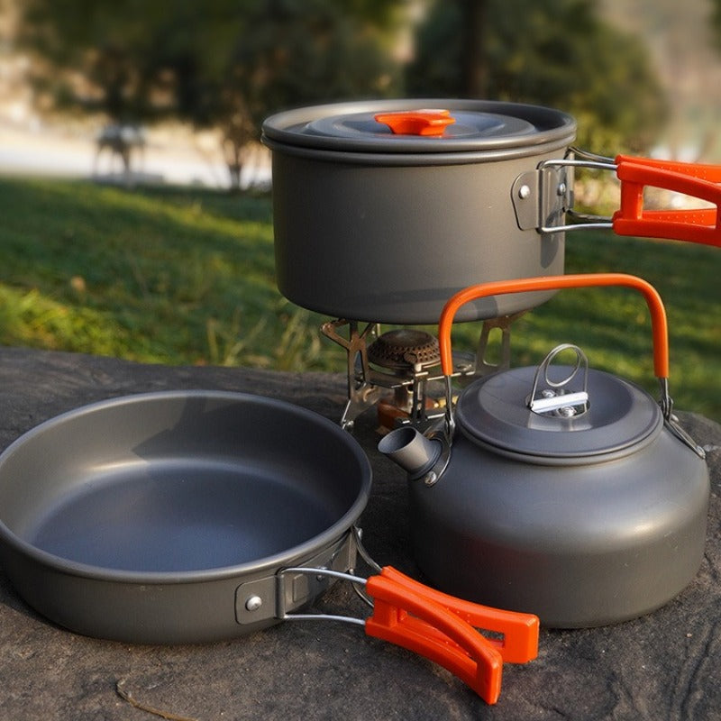 Portable Camping Cookware Set - Lightweight Aluminum Pot, Pan & 1.1L Kettle with Foldable Handles for Backpacking, Hiking & Outdoor Cooking - Non-Stick, Space-Saving for 2-3 People