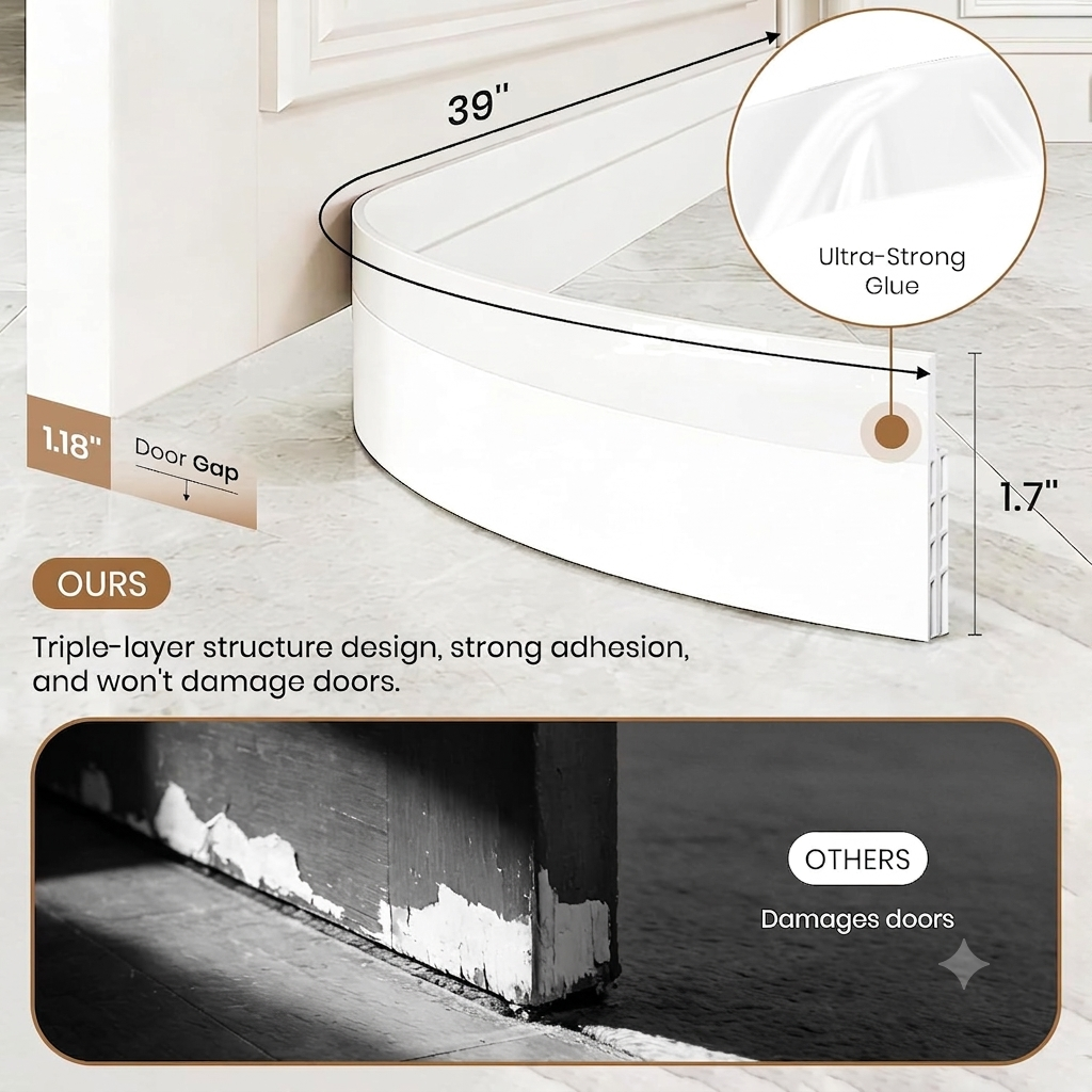 Door Draft Stopper Under Door Seal Strip, 4/8/12Pack Self Adhesive Weather Stripping Gap Sealer Tape, Soundproof White Silicone, for Home Bedroom Front Door