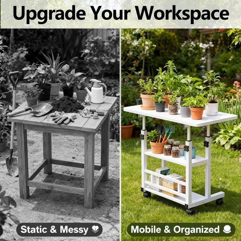 Heavy-Duty Adjustable Height Multi-Purpose Gardening Work Table | Sturdy Metal Frame with Spacious Work Surface, Equipped with 4 Locking Swivel Casters - Ideal for Office, Bedroom, Patio, Gardening &