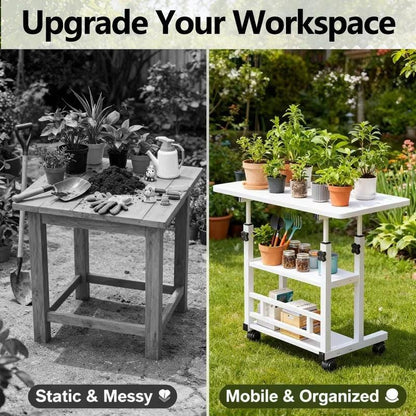 Heavy-Duty Adjustable Height Multi-Purpose Gardening Work Table | Sturdy Metal Frame with Spacious Work Surface, Equipped with 4 Locking Swivel Casters - Ideal for Office, Bedroom, Patio, Gardening &