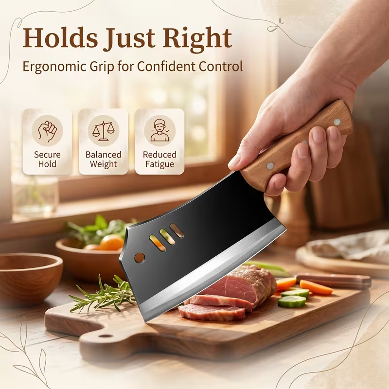 Meat Cleaver Knife, Heavy Duty Dual-Purpose Bone Chopping & Slicing Cleaver with Non-Stick Slots, Ultra Sharp Black Stainless Steel & Solid Wooden Handle, for Kitchen Butchering Meat Cutting Home Restaurant Chefs