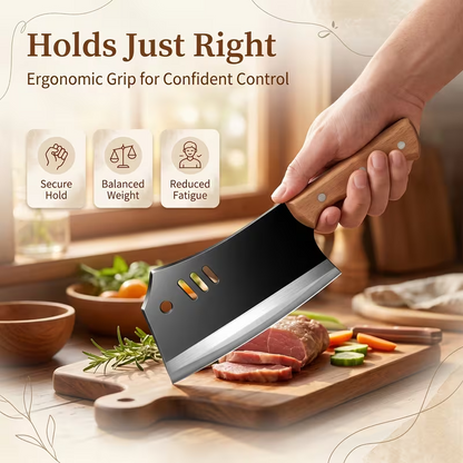 Meat Cleaver Knife, Heavy Duty Dual-Purpose Bone Chopping & Slicing Cleaver with Non-Stick Slots, Ultra Sharp Black Stainless Steel & Solid Wooden Handle, for Kitchen Butchering Meat Cutting Home Restaurant Chefs