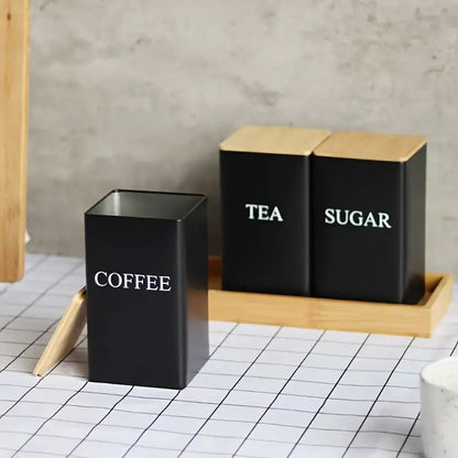 3-Piece Coffee and Snack Storage Canisters Set - Bamboo Lid & Iron Art Display Square Jars for Coffee Beans and Tea