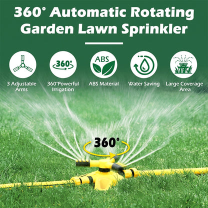 Garden Sprinkler with Hose Set, 360° Automatic Rotating Water Sprinkler with 20m PVC Hose Pipe & 1/2' Connectors, Yellow Black ABS Plastic, for Yard Lawn Irrigation Grass Watering