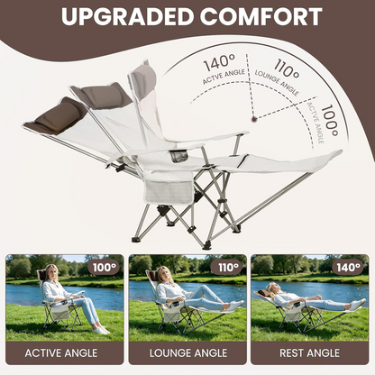 Reclining Camping Chair with Foot Rest & Headrest – 4-Position Adjustable Recline Folding Lounge Beach Chair Lightweight Portable Recliner for Adults, Ideal for Outdoor Travel, Patio, Picnic Beige