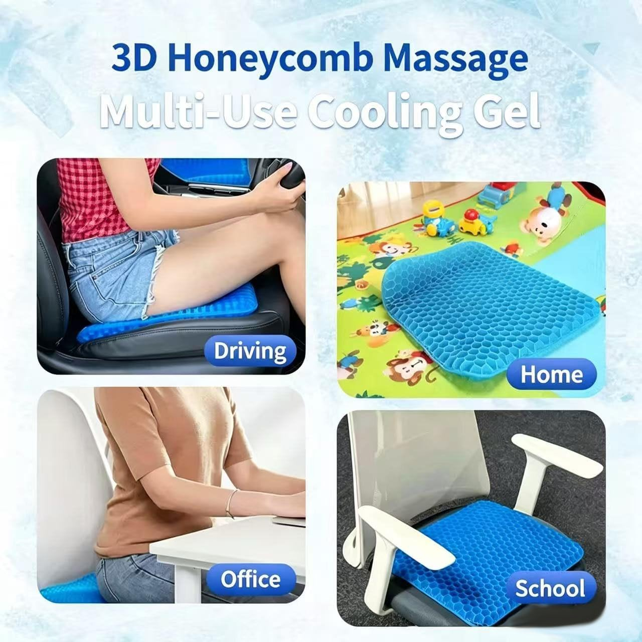 Gel Seat Cushion for Office Chair, 2Pcs Honeycomb Cushion Pad Breathable Pressure Relief, Blue TPE Gel, for Desk Chair Car Seat Wheelchair Long Sitting