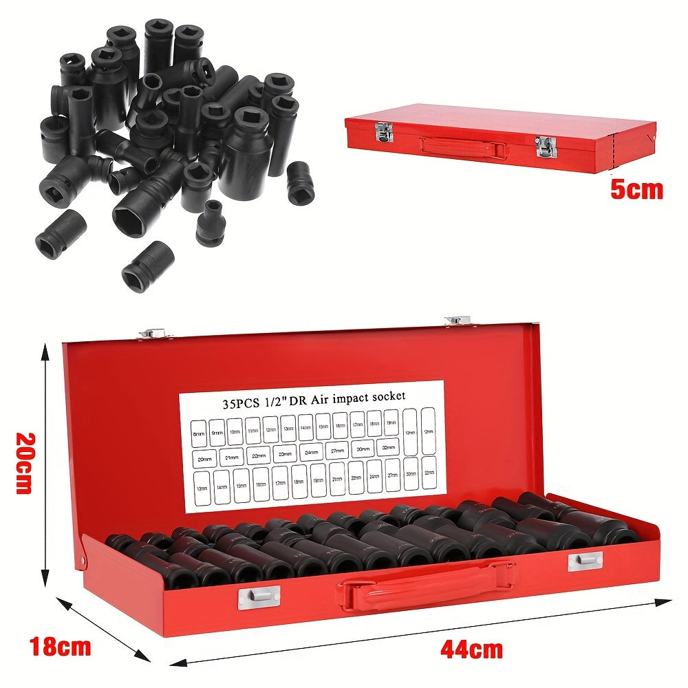 35-Piece 1/2 Inch Drive Deep Impact Socket Set (Metric) 8-32mm - Professional Garage Repair Workshop Tools