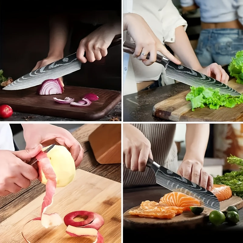 Six Piece Professional Damascus Steel Kitchen Knife Set - All Stainless Steel, With Laser Engraved Patterns, Including Debonding And Slicing Knives, Suitable For Home Use, Comes With A Knife Holder.