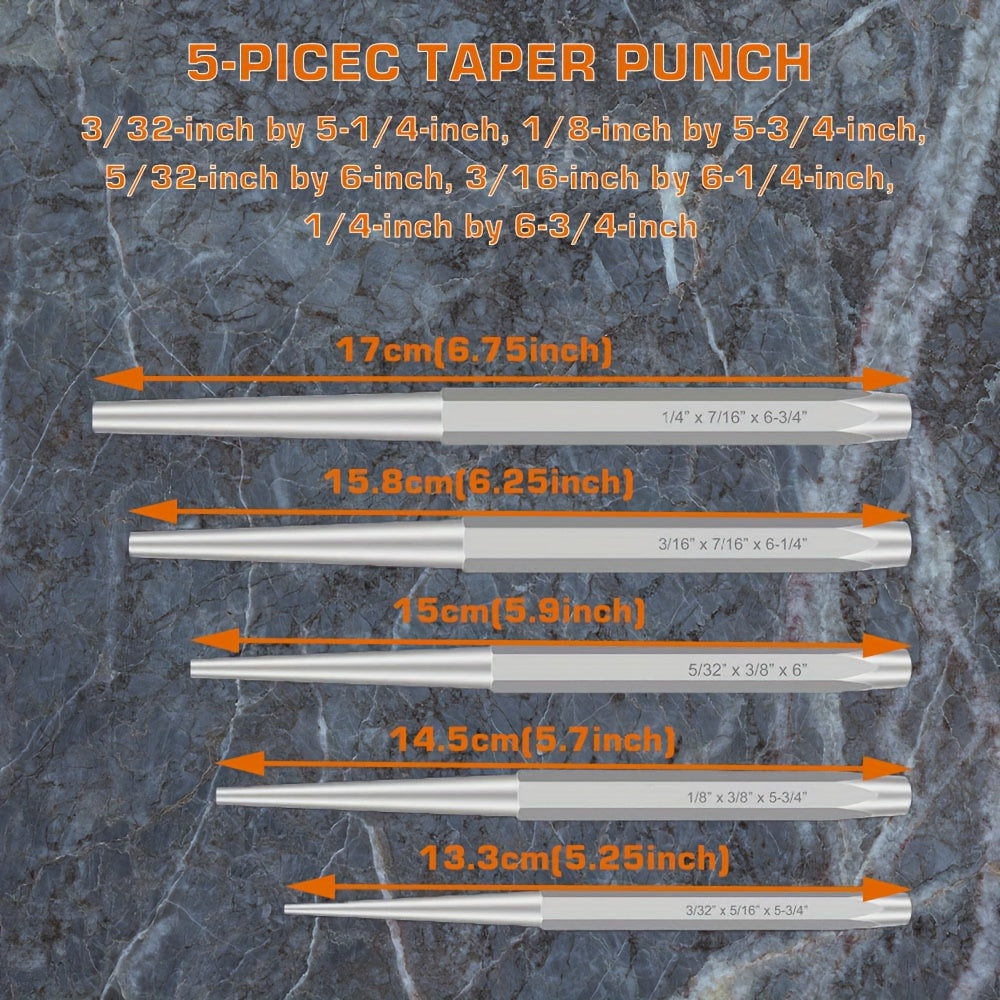16-Piece Chrome Vanadium Steel Impact Chisel Set - Industrial Grade, Tapered, Pin, Center Punch, Includes Cold Chisel and Punch Kit