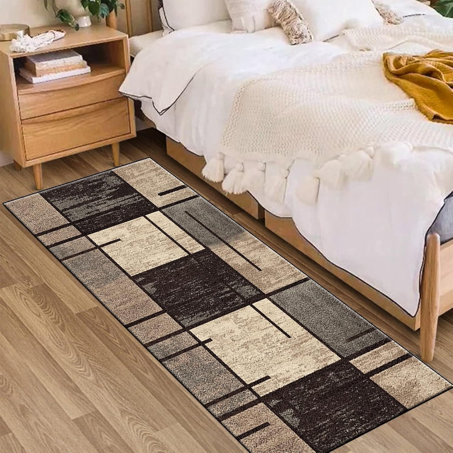 Indoor Runner Rug, Washable Runner Rug with Rubber Backing, Modern Geometric Patchwork Aesthetic Carpet for Bedroom, Living Room, Hallway, Entryway, Washable Rug Rockwood Collection