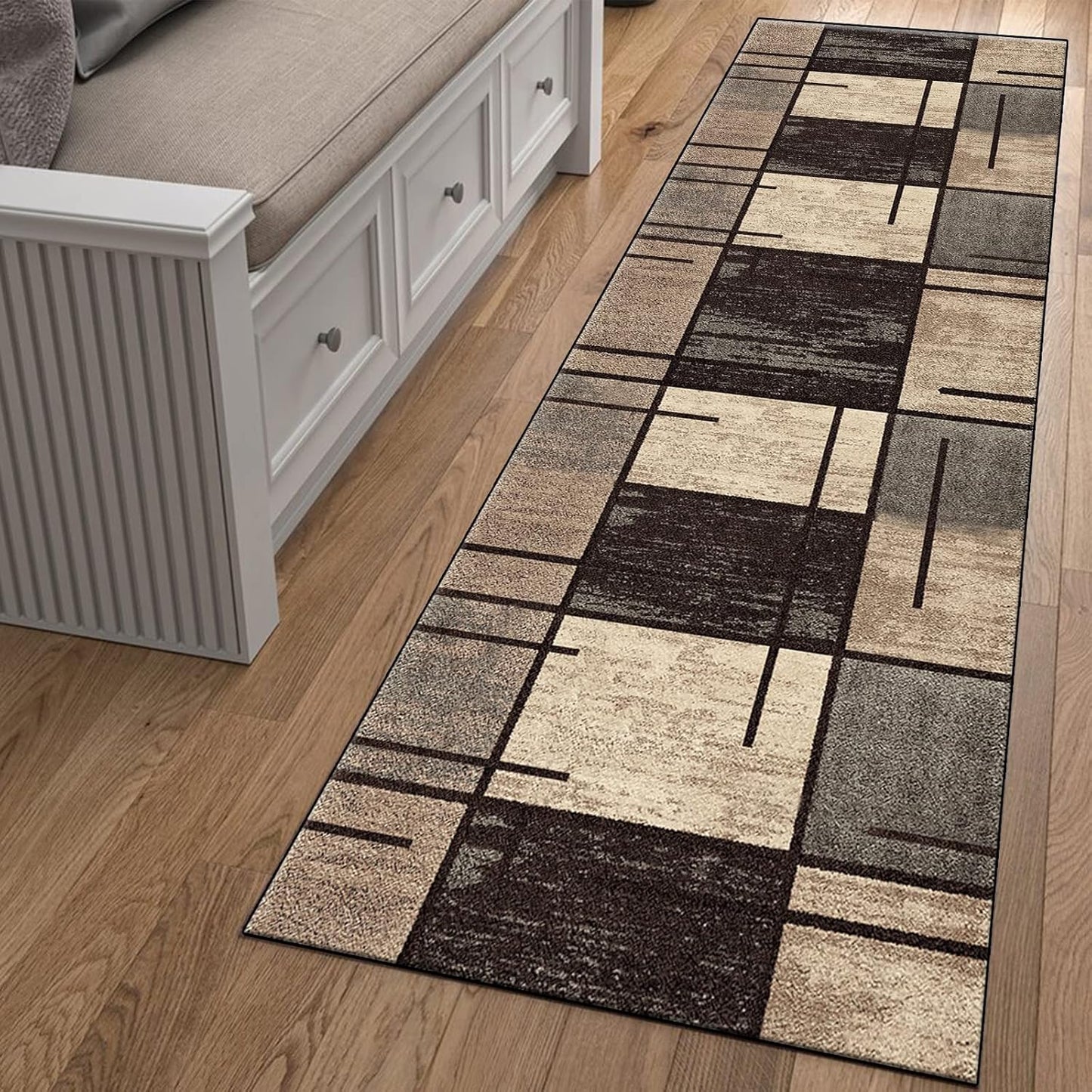 Indoor Runner Rug, Washable Runner Rug with Rubber Backing, Modern Geometric Patchwork Aesthetic Carpet for Bedroom, Living Room, Hallway, Entryway, Washable Rug Rockwood Collection