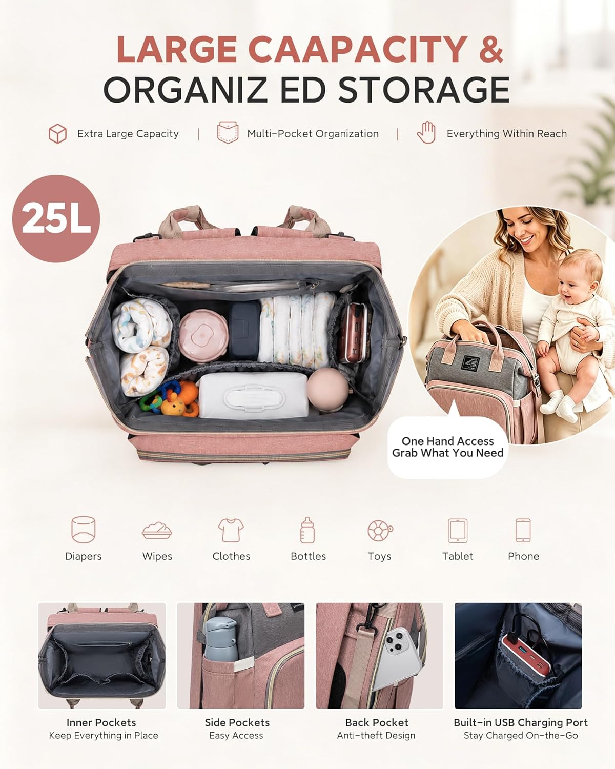Diaper Bag Backpack with Changing Station: Pink Baby Bags for Girls Boys New Mom Gifts Pañaleras Para Bebe Baby Girl Newborn Essentials Must Haves Baby Shower Gifts Baby Registry