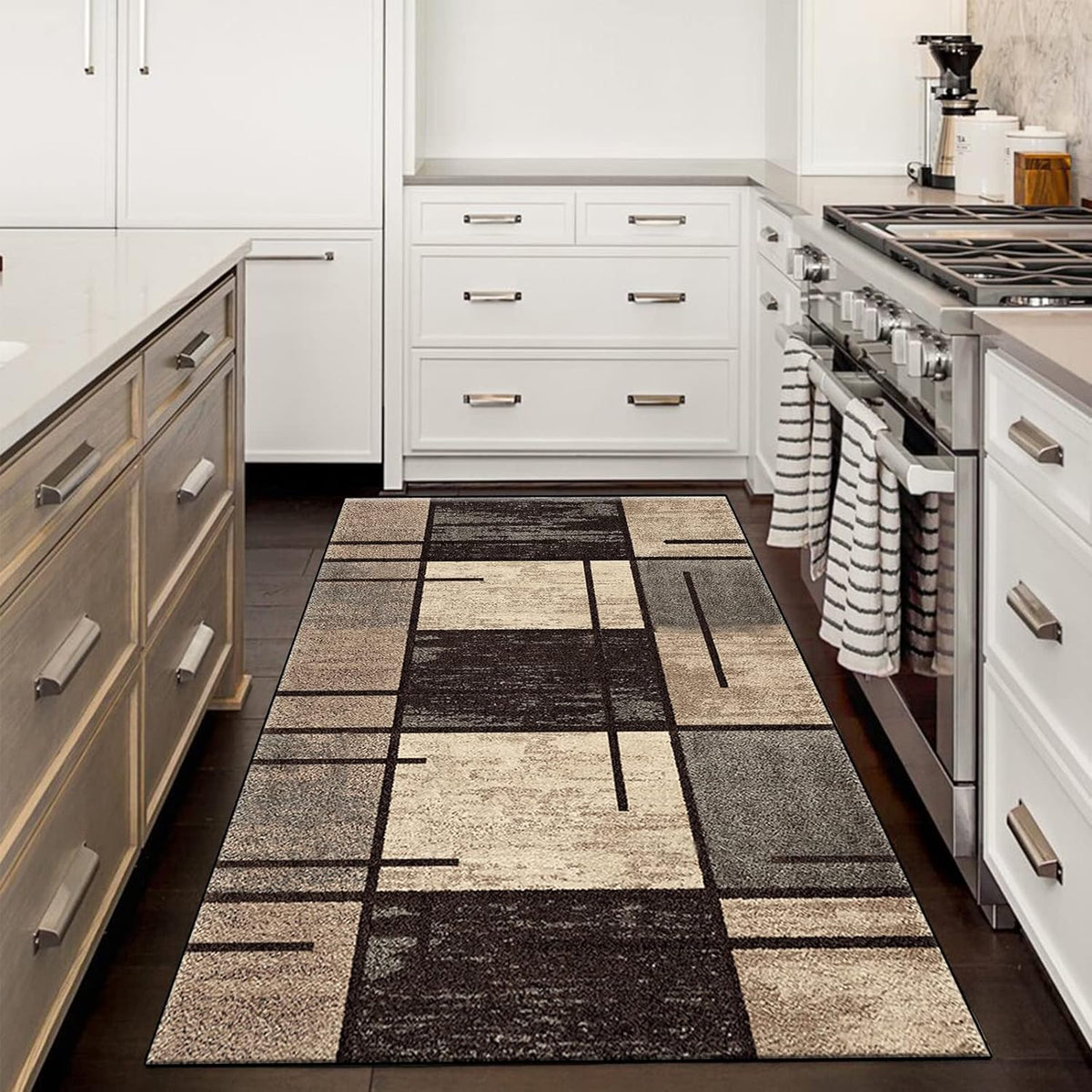 Indoor Runner Rug, Washable Runner Rug with Rubber Backing, Modern Geometric Patchwork Aesthetic Carpet for Bedroom, Living Room, Hallway, Entryway, Washable Rug Rockwood Collection