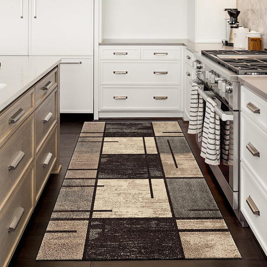 Indoor Runner Rug, Washable Runner Rug with Rubber Backing, Modern Geometric Patchwork Aesthetic Carpet for Bedroom, Living Room, Hallway, Entryway, Washable Rug Rockwood Collection