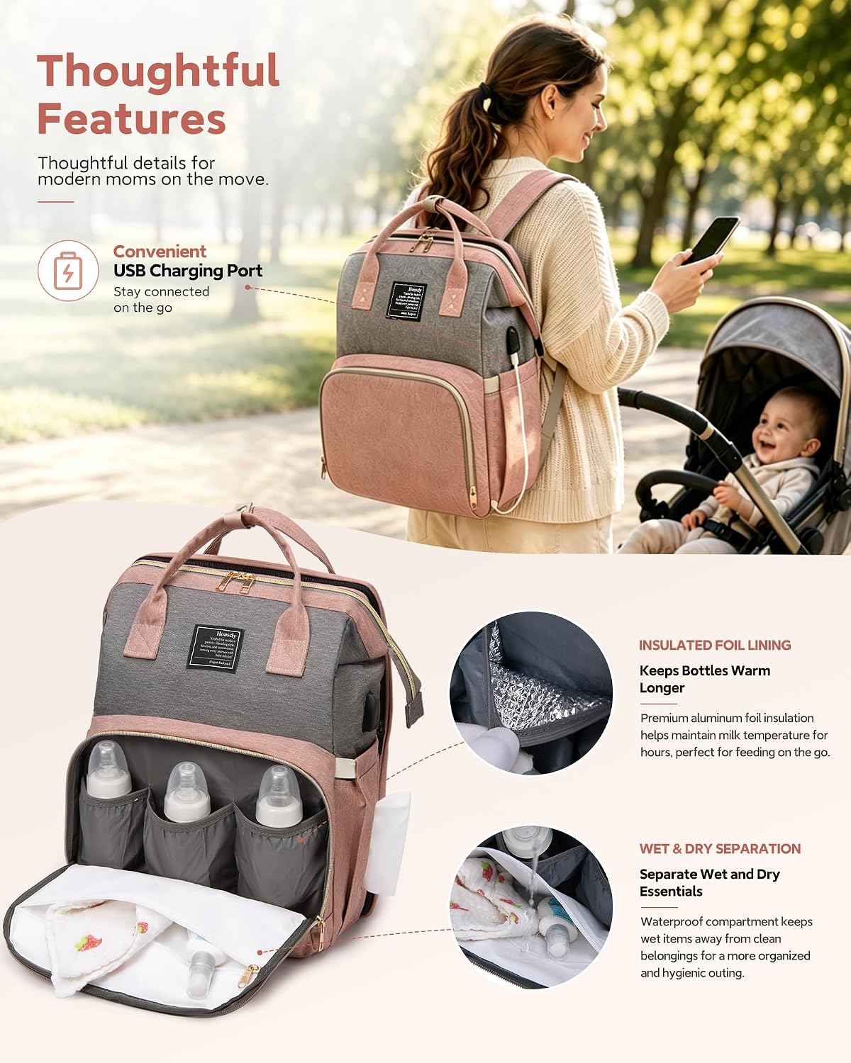 Diaper Bag Backpack with Changing Station: Pink Baby Bags for Girls Boys New Mom Gifts Pañaleras Para Bebe Baby Girl Newborn Essentials Must Haves Baby Shower Gifts Baby Registry