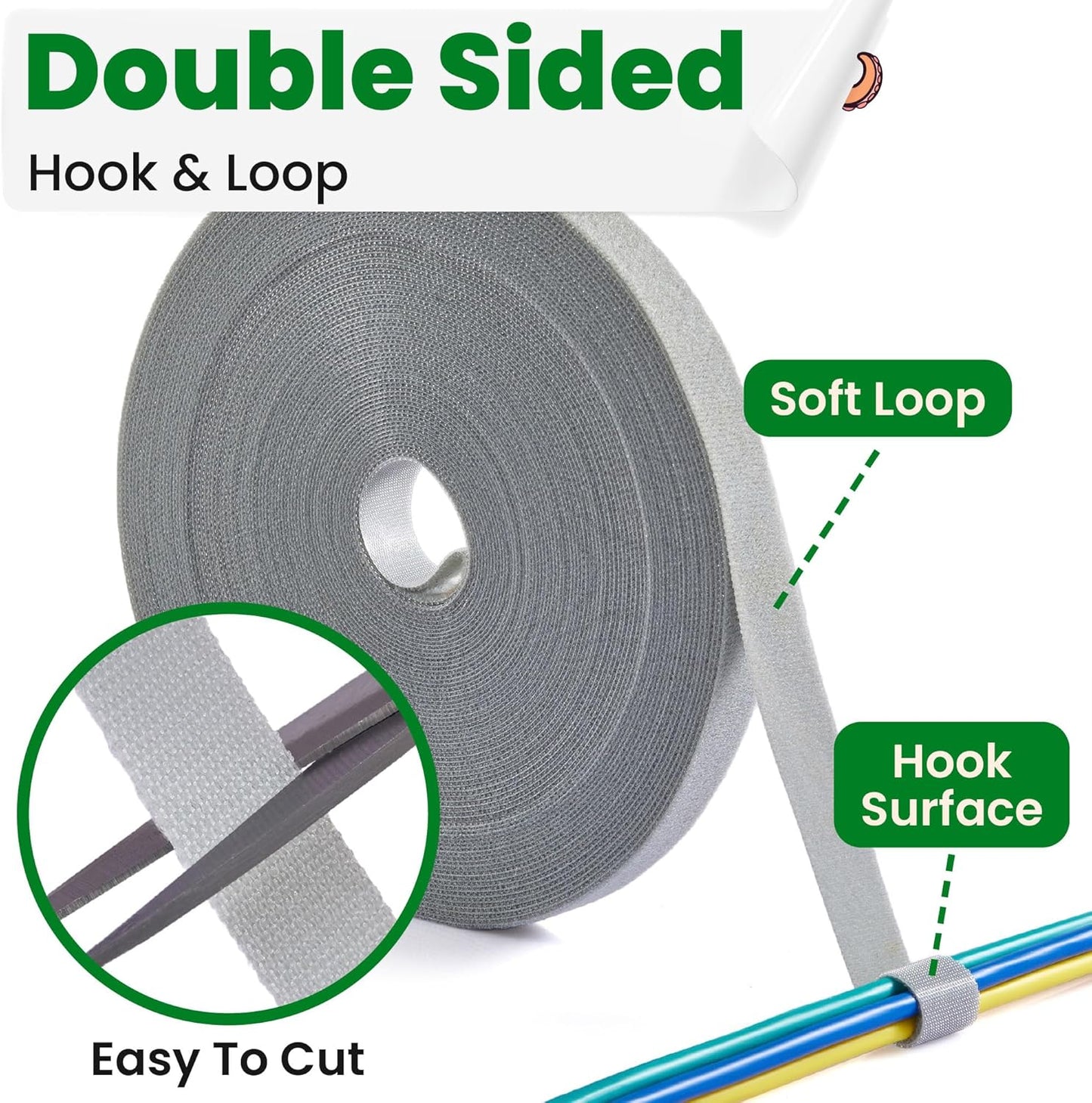 0.5 Inch x 16.5 FT 5PCS Double Sided Hook and Loop Roll Tape | Two Sides, Self Stick, No Adhesive Reusable Cable Ties Wrap for Cable Management, Heavy Duty Extender Straps Long Wire Strips Grey