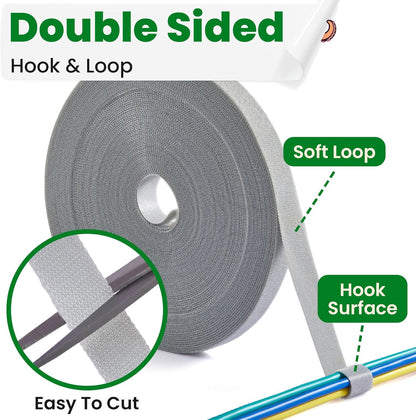 0.5 Inch x 16.5 FT 5PCS Double Sided Hook and Loop Roll Tape | Two Sides, Self Stick, No Adhesive Reusable Cable Ties Wrap for Cable Management, Heavy Duty Extender Straps Long Wire Strips Grey