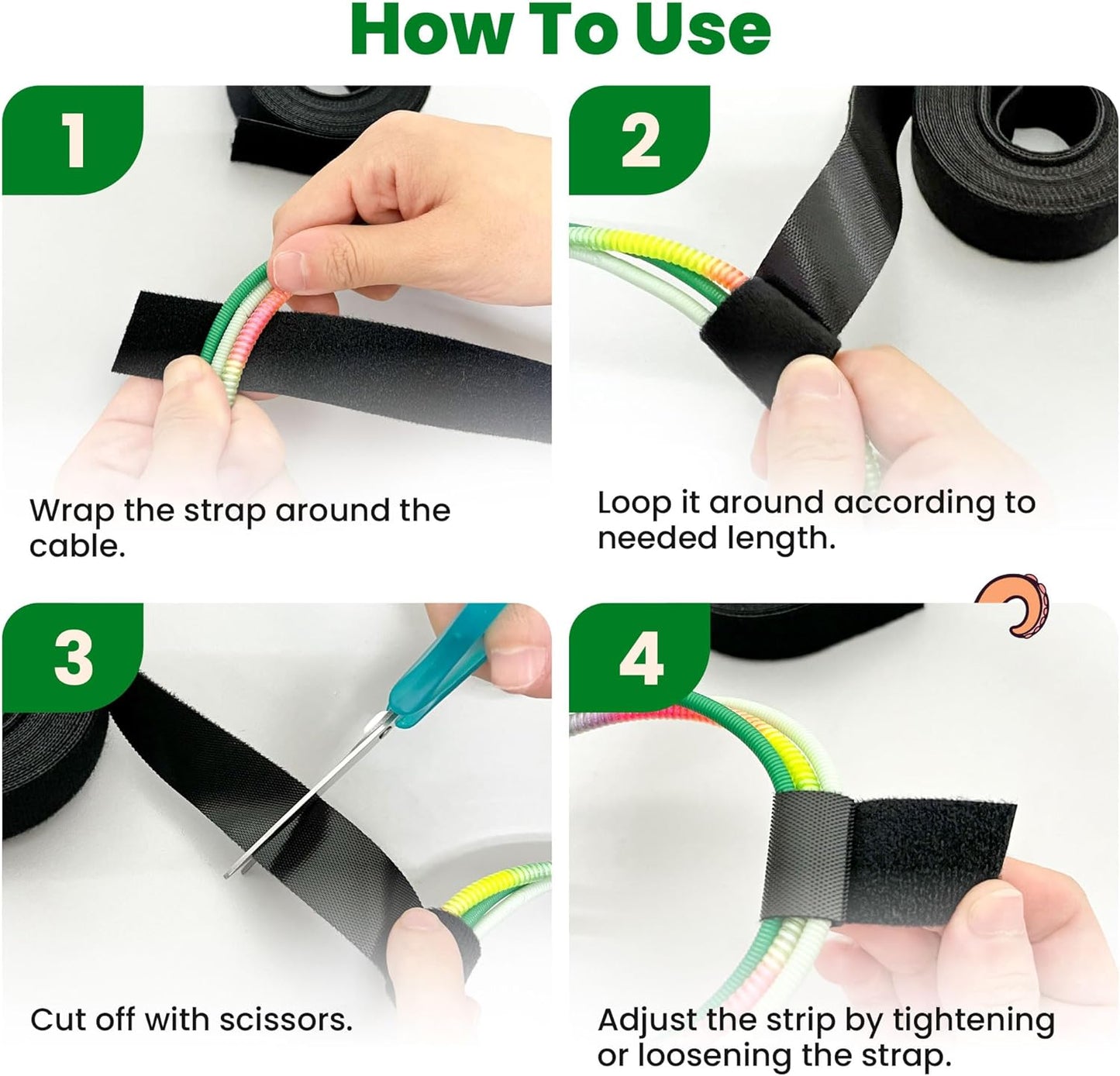0.5 Inch x 16.5 FT 5PCS Double Sided Hook and Loop Roll Tape | Two Sides, Self Stick, No Adhesive Reusable Cable Ties Wrap for Cable Management, Heavy Duty Extender Straps Long Wire Strips Grey