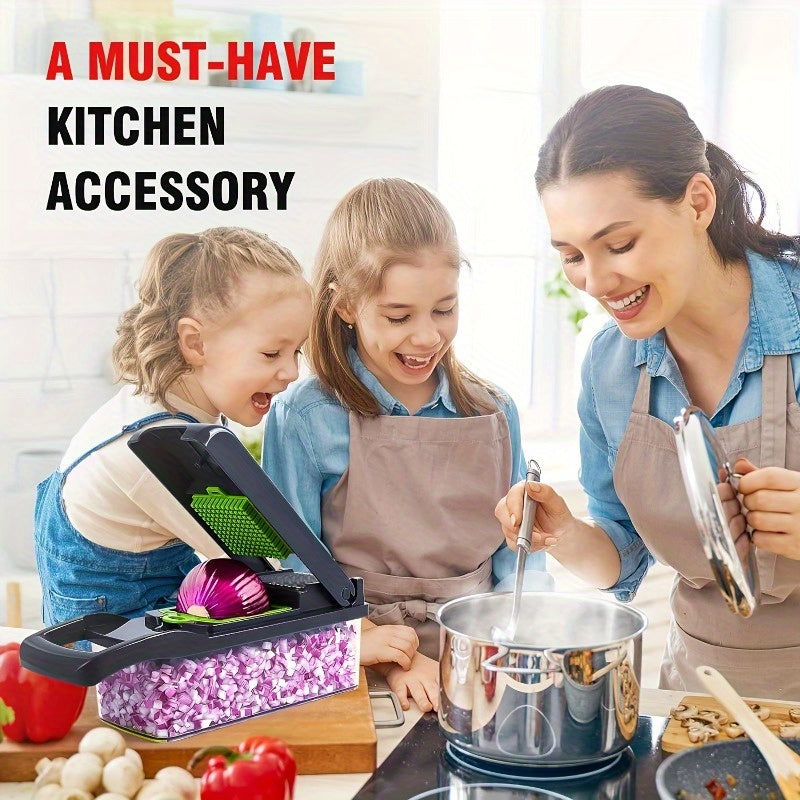 [16-in-1 Efficient Meal Preparation] Multi-function Vegetable Cutter, Vegetable Slicer, Shredder, Dicer, Manual Onion and Potato Grater/ Safety Hand Guard and Container/ Electricity-Free Kitchen Cooker