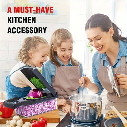 [16-in-1 Efficient Meal Preparation] Multi-function Vegetable Cutter, Vegetable Slicer, Shredder, Dicer, Manual Onion and Potato Grater/ Safety Hand Guard and Container/ Electricity-Free Kitchen Cooker