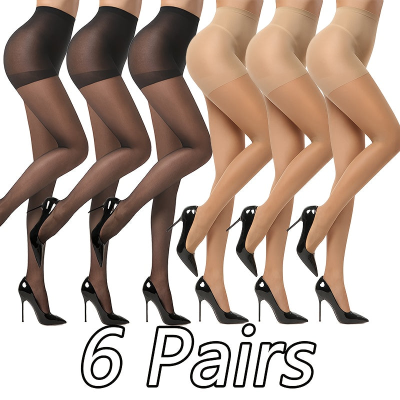 Sheer Tights for Women, 6 Pairs High Waist Control Top Pantyhose Soft Elastic Stretch (Fits 90-120lbs / 40-60kg), Black & Nude Nylon Blend, for Office Work Wear Dress Party Ladies