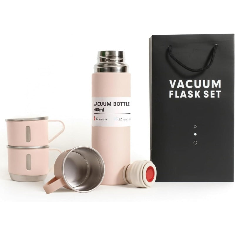 Flask Gift Set, Stainless Steel Insulated Water Bottle w/ 3 Cups, Hot & Cold Drinks Coffee Thermo Water Bottle, Reusable Thermal Cup for Outdoor Camping Travel, Termos para Agua Fria, 17oz