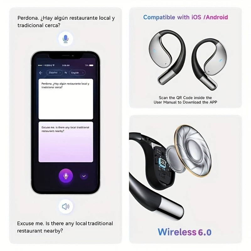 AI Translation Earbuds - Bone Conduction Wireless 6.0 Headphones with Real-Time Translation in 156 Languages, 6 Microphone Noise Cancellation, and Live Meeting Transcription