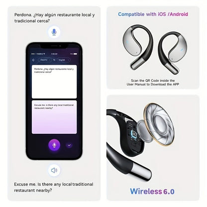 AI Translation Earbuds - Bone Conduction Wireless 6.0 Headphones with Real-Time Translation in 156 Languages, 6 Microphone Noise Cancellation, and Live Meeting Transcription