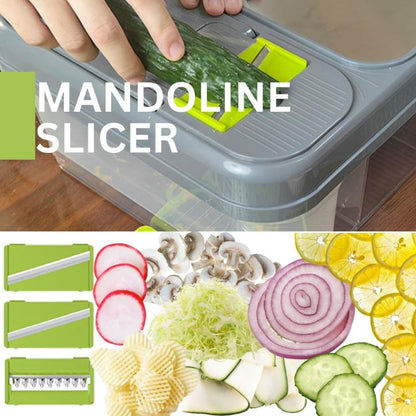 Vegetable Chopper, 16-in-1 Vegetable Dicer with Stainless Steel Chopping Board Top Panel & 4 Storage Drawers Hand Guard Peeler, Grey Green Stainless Steel, for Onion Garlic Salad Prep Home Kitchen