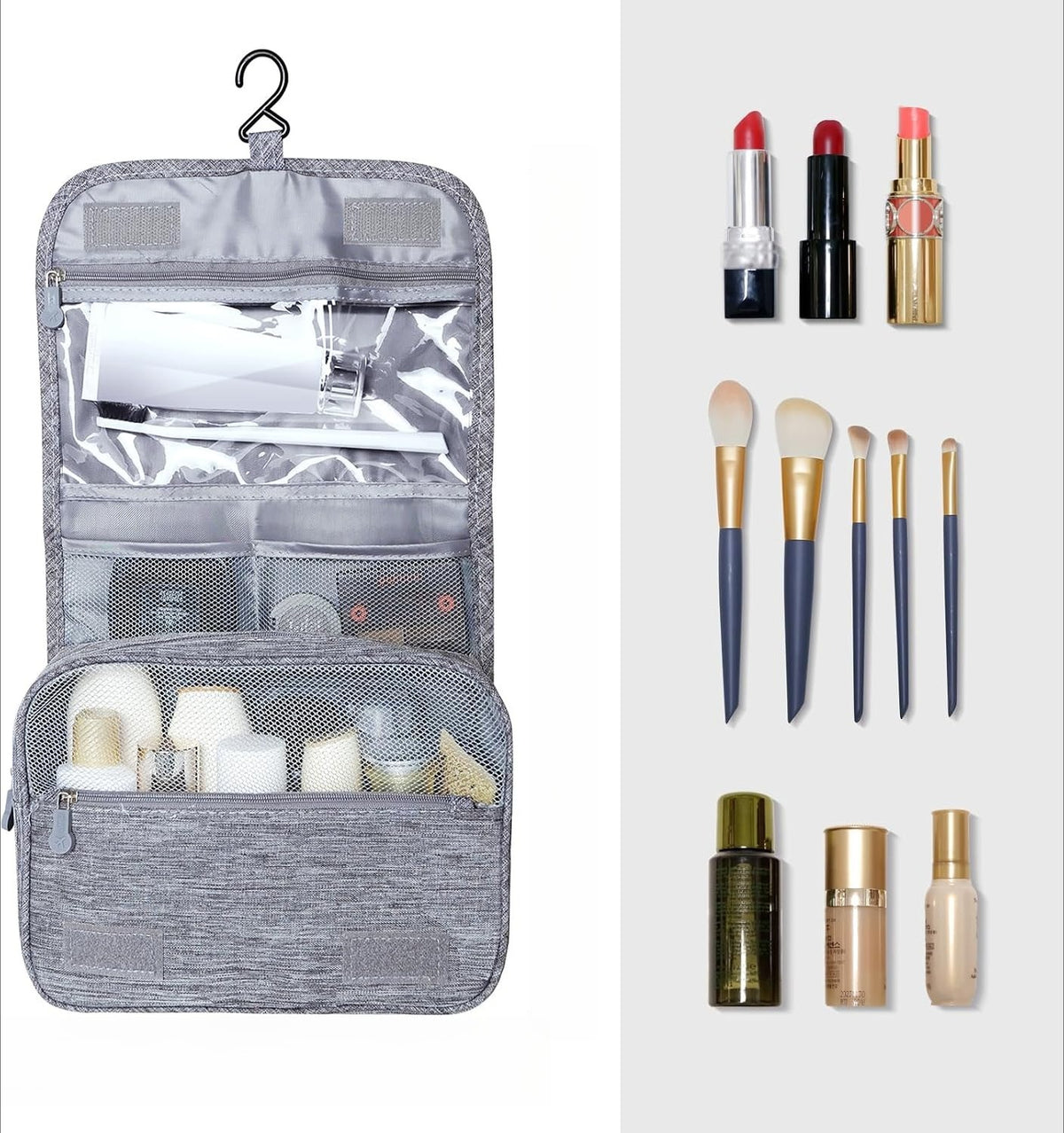 Large Capacity  Travel Bag with Hanging Hook for Waterproof Travel Cosmetic Bag Bathroom Storage Bag for Brushes Set,Full-Sized Shampoo,Toiletries,Accessories-Grey