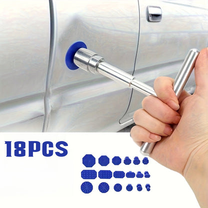 Car Dent Puller Paintless Dent Repair Kit, 18Pcs T-Bar Hand Tool Set with Blue Glue Tabs, Silver Stainless Steel & Blue Plastic, for Auto Body Fender Hail Damage Repair DIY Car Owners