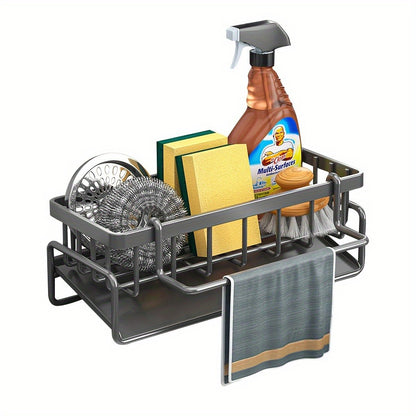 Multi functional metal kitchen sink storage rack with detachable brush holder - self draining storage rack for sponges, scrubbers, and detergent bottles, including cloth hanging trough, sponge and towel rack | Modern kitchen accessories