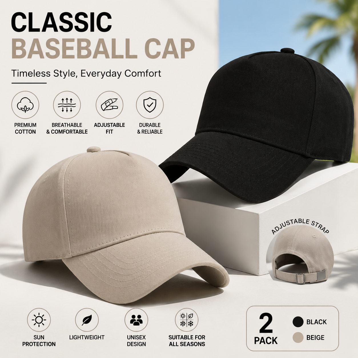Unisex Baseball Cap - Stylish Sun Protection Travel Hat with Excellent Fit for Outdoor Activities