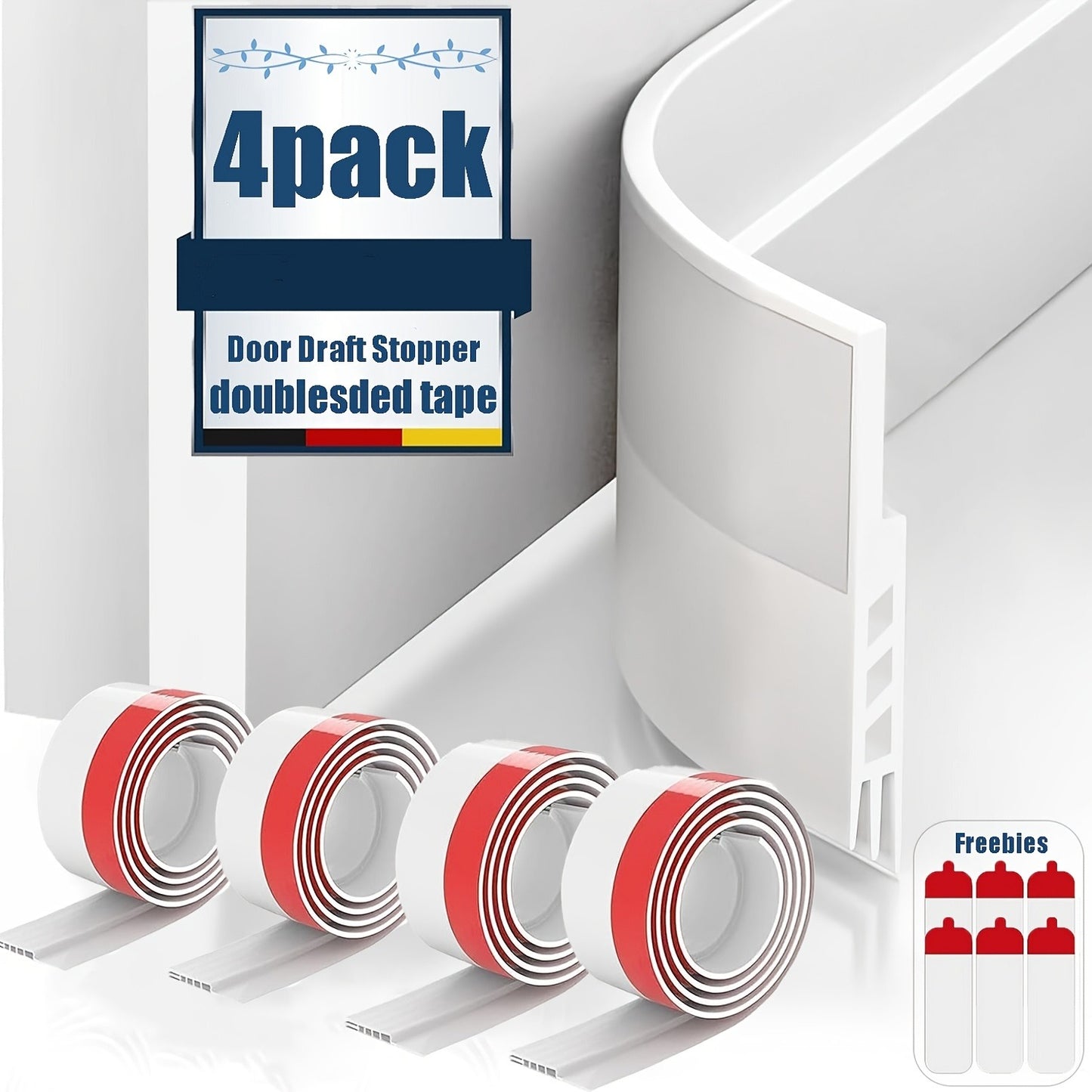Door Draft Stopper Under Door Seal Strip, 4/8/12Pack Self Adhesive Weather Stripping Gap Sealer Tape, Soundproof White Silicone, for Home Bedroom Front Door