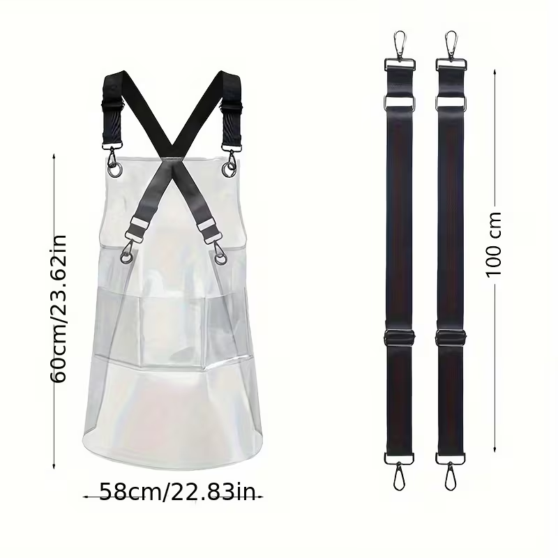 Clear Waterproof Apron Work Apron, Adjustable Cross Back Straps Multi-Pocket Heavy Duty Waterproof Oilproof, Clear PVC Vinyl & Brown Straps, for Car Washing Gardening Hair Stylist Barber Dishwashing