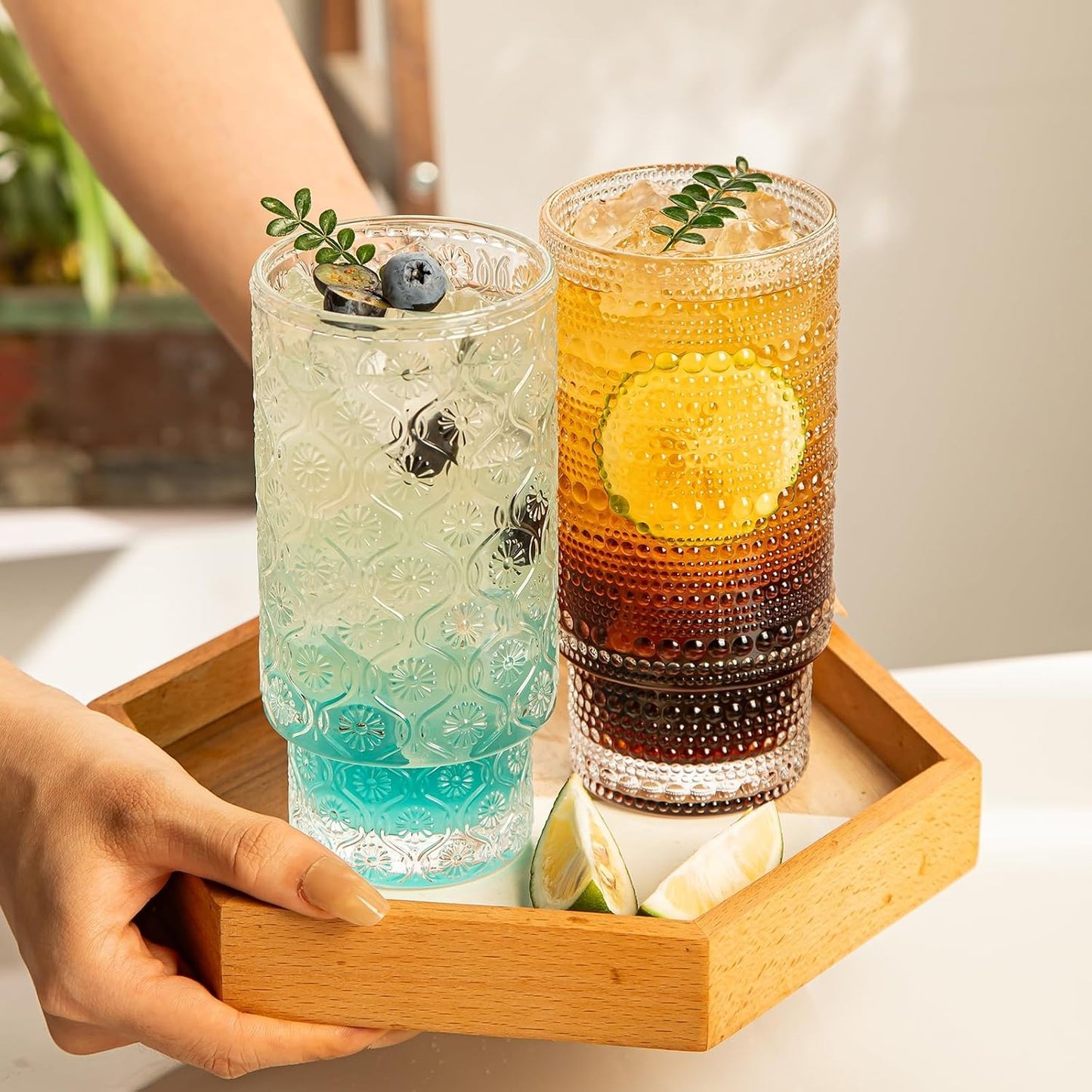 Drinking Glasses Set of 4, Textured Flower Design Cocktail Glasses, Stackable Old Fashioned Glass Cups, Vintage Glassware for a baby Shower Wedding for Kitchen and Bar - Dishwasher Clear