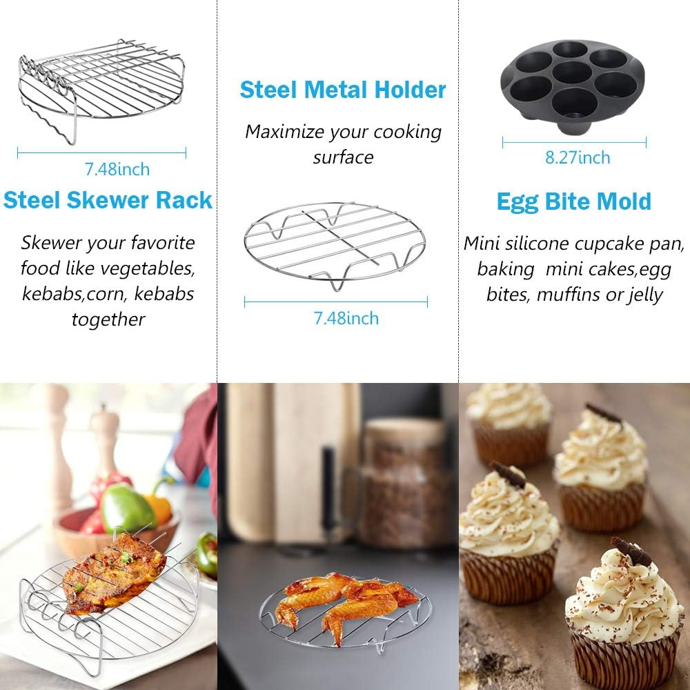 8 Inch Air Fryer Accessories Set of 8 for 3.5Qt-5.8Qt Phillips Nuwave Gowise Gourmia Ninja Dash Air Fryer, with Egg Bites Mold, Pizza Pan, Cake Barrel, Skewer Rack, Silicone Mat, Air Fryer Liners