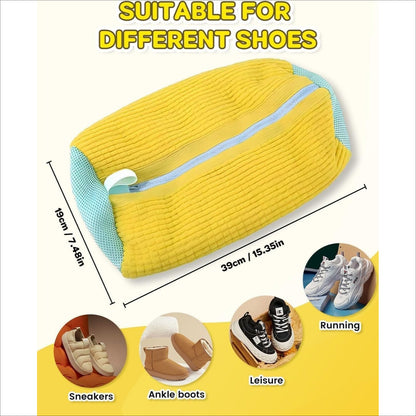 Shoe Washing Machine Bag, 2Pcs Set Reusable Sneaker Laundry Bag with Fluffy Chenille Microfiber 360° Deep Cleaning & Durable Zipper, Yellow/Blue/Grey Soft Mesh, for Sneakers Running Shoes Washer & Dryer