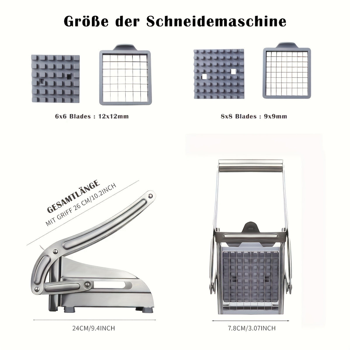 French Fry Cutter Potato Chipper, with 2 Interchangeable Blades & Non-Slip Feet Heavy Duty Lever, Silver Stainless Steel, for Home Kitchen Restaurant French Fries Chips