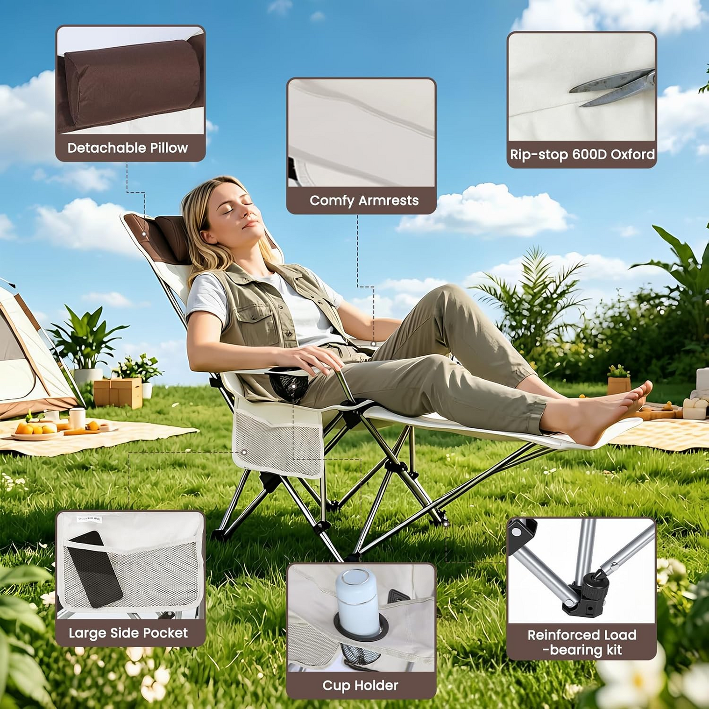 Reclining Camping Chair with Foot Rest & Headrest – 4-Position Adjustable Recline Folding Lounge Beach Chair Lightweight Portable Recliner for Adults, Ideal for Outdoor Travel, Patio, Picnic Beige