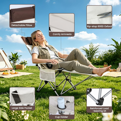 Reclining Camping Chair with Foot Rest & Headrest – 4-Position Adjustable Recline Folding Lounge Beach Chair Lightweight Portable Recliner for Adults, Ideal for Outdoor Travel, Patio, Picnic Beige