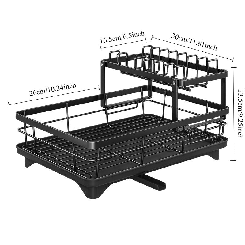Black Carbon Steel Dish Drying Rack with Drainboard, Kitchen Dish Rack Carbon Steel Kitchen Drying Rack, Dish Racks for Kitchen Counter with Utensil Holder Cup Holders Cutting (Double Layer)