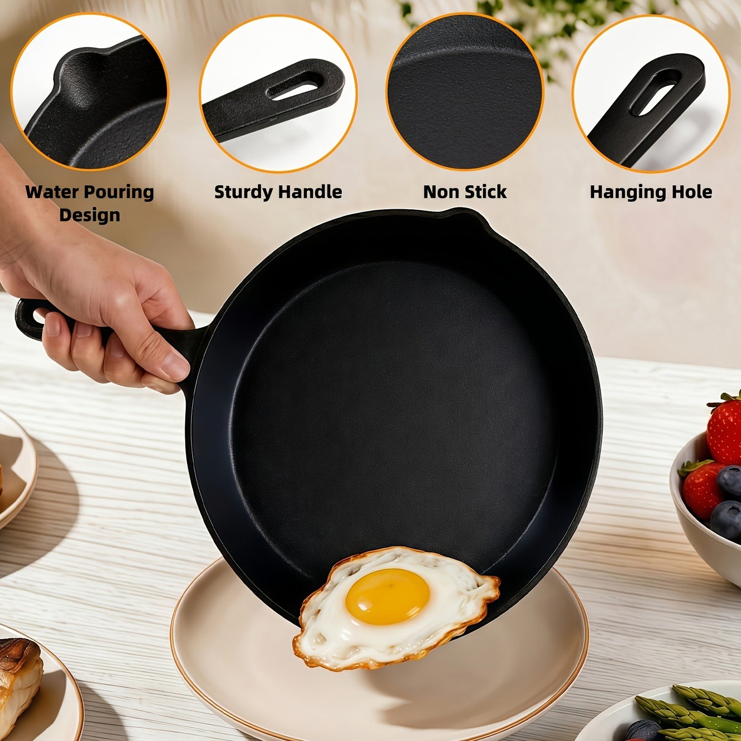 Premium Cast Iron Skillet Set - Non-Stick Frying Pans with Draining Spout, Perfect for Holiday Cooking, RV Use, and Campfire Dining