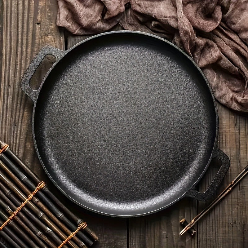 Multi functional thickened cast iron pot - uncoated non stick pot, double ear flat bottomed pot - suitable for grilling meat, frying eggs, barbecue, and pancakes - compatible with all stoves, ideal for home kitchen and outdoor cooking.